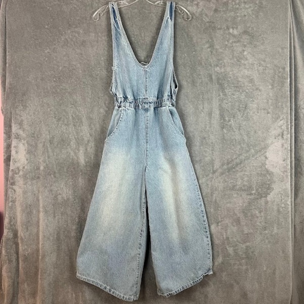 Free People Alora Denim Jumpsuit Womens XS Crop Wide Leg Boho Chore Gardener
